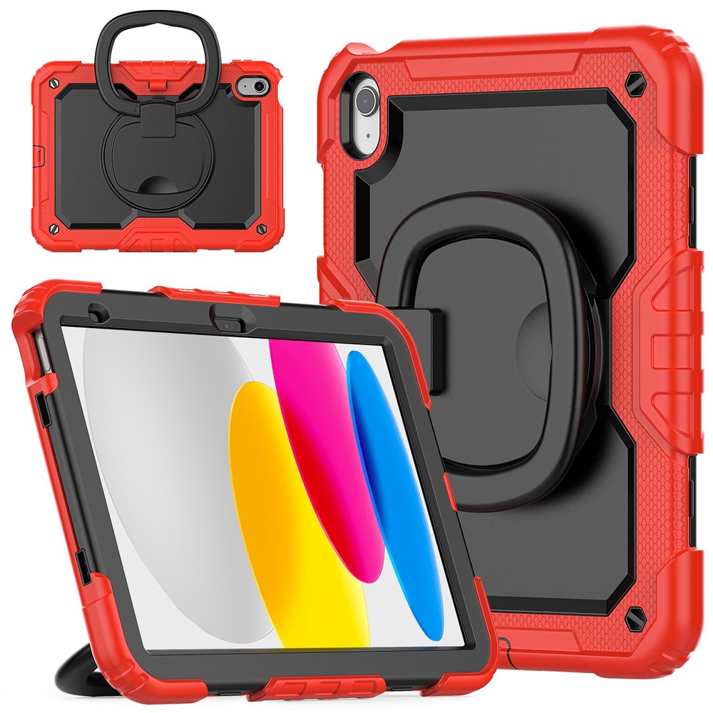 Shockproof Drop-Proof Tablet Case for iPad (2025) / 10.9 (2022) PC + Thickened Silicone Kickstand Cover with Hand Grip - Red Silicone