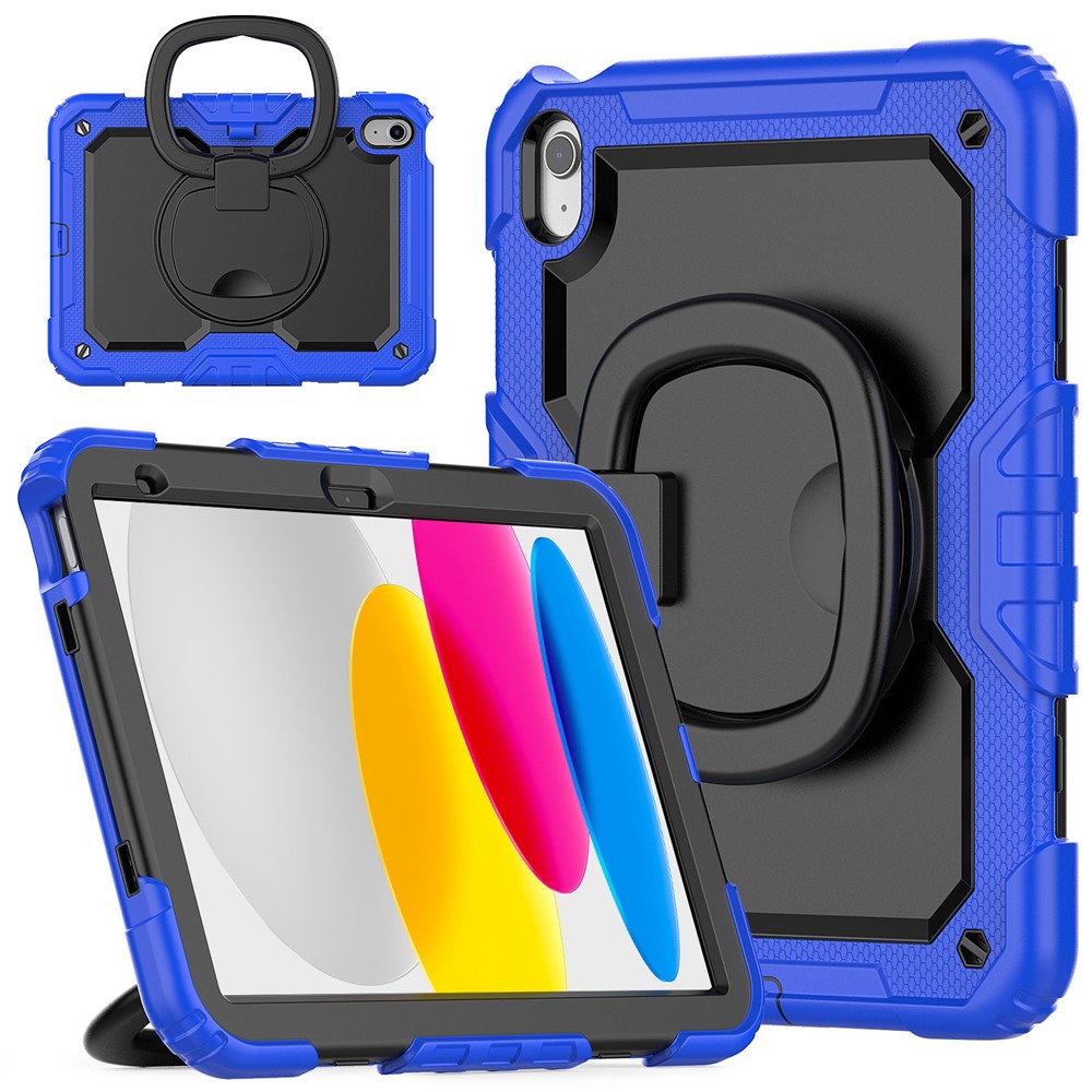 Shockproof Drop-Proof Tablet Case for iPad (2025) / 10.9 (2022) PC + Thickened Silicone Kickstand Cover with Hand Grip - Blue Silicone