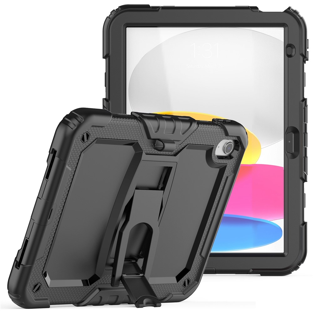For iPad (2025) / 10.9 (2022) Silicone+PC Protective Case Kickstand Shockproof Tablet Cover with Shoulder Strap - All Black