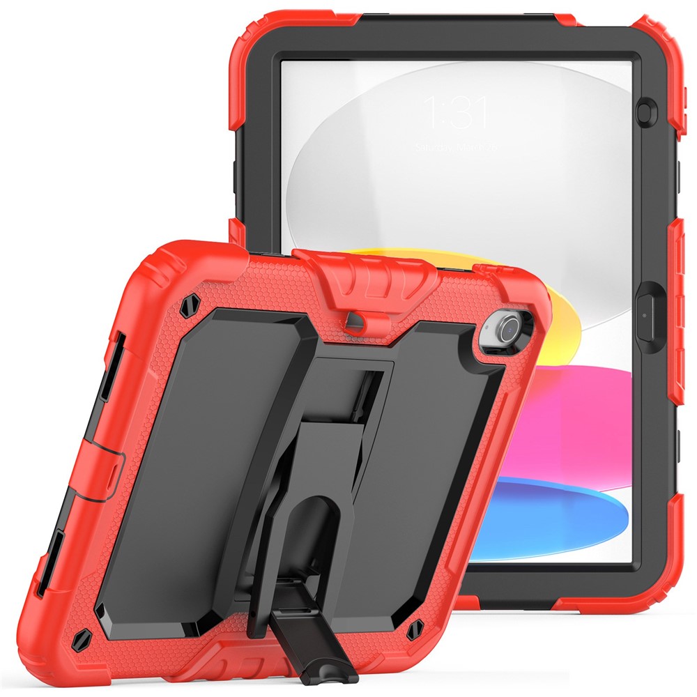 For iPad (2025) / 10.9 (2022) Silicone+PC Protective Case Kickstand Shockproof Tablet Cover with Shoulder Strap - Black / Red