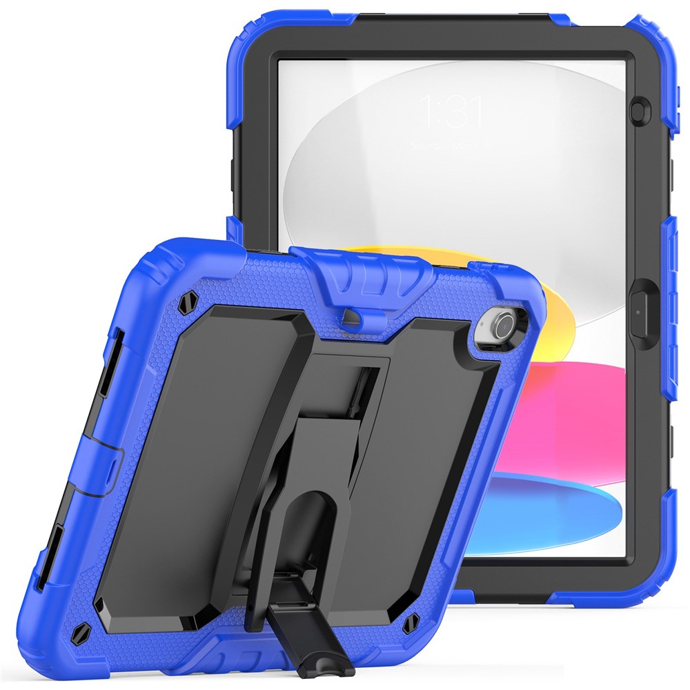 For iPad (2025) / 10.9 (2022) Silicone+PC Protective Case Kickstand Shockproof Tablet Cover with Shoulder Strap - Black / Blue