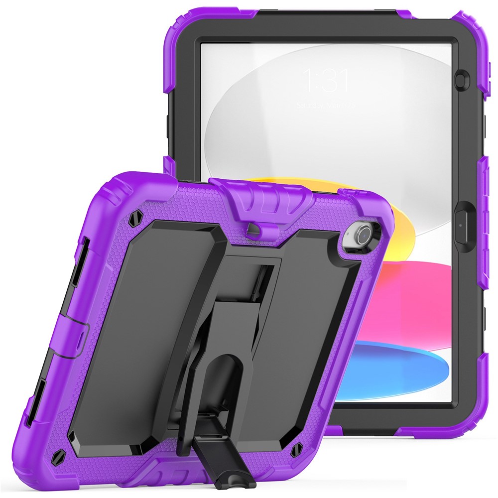 For iPad (2025) / 10.9 (2022) Silicone+PC Protective Case Kickstand Shockproof Tablet Cover with Shoulder Strap - Black / Purple