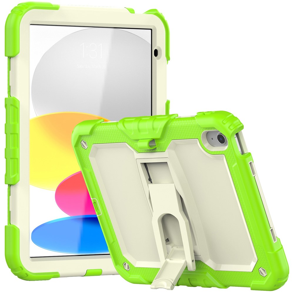 For iPad (2025) / 10.9 (2022) Silicone+PC Protective Case Kickstand Shockproof Tablet Cover with Shoulder Strap - Beige / Yellowgreen