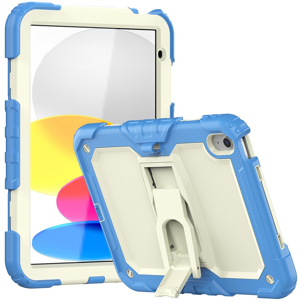 For iPad (2025) / 10.9 (2022) Silicone+PC Protective Case Kickstand Shockproof Tablet Cover with Shoulder Strap - Beige / Baby Blue