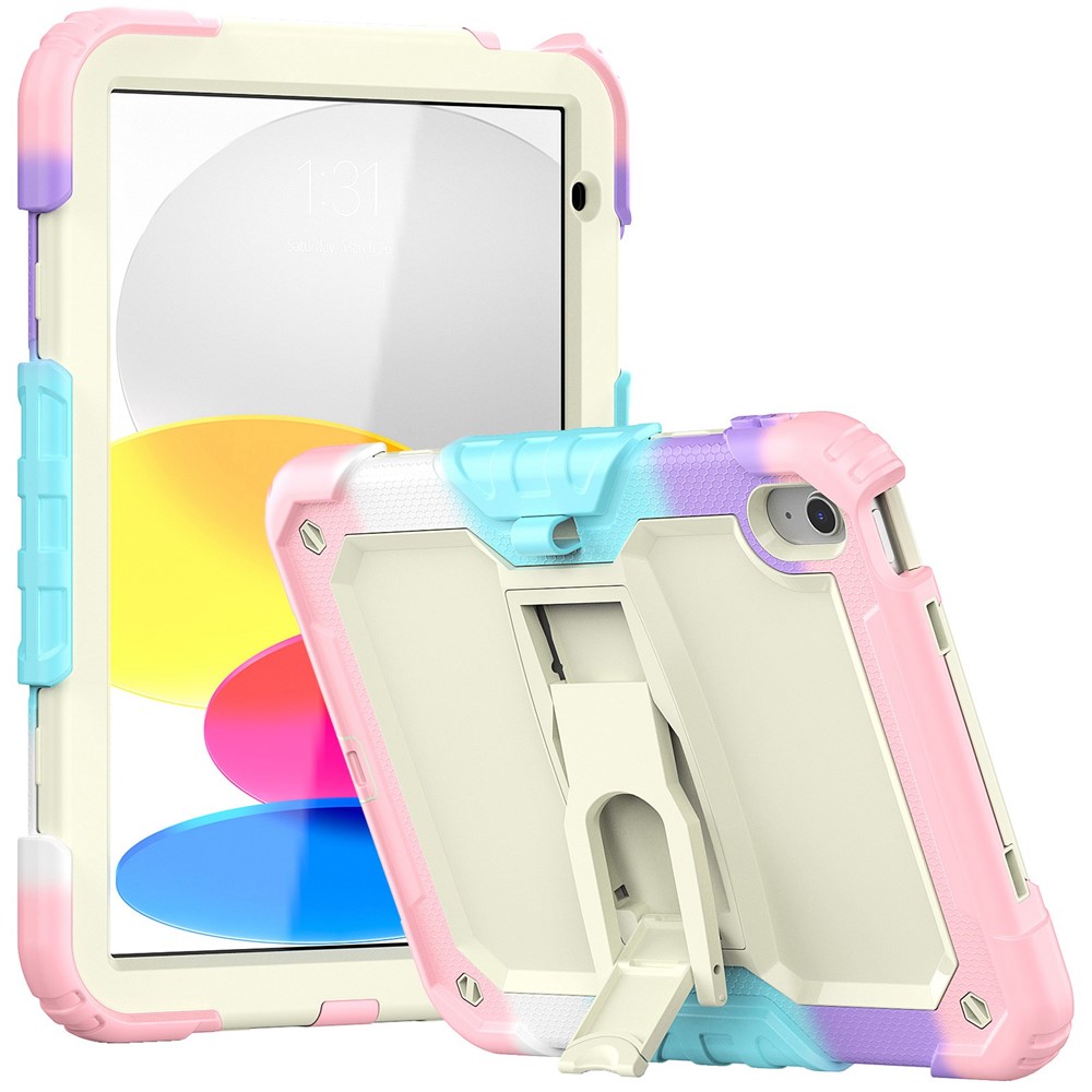 For iPad (2025) / 10.9 (2022) Thickened Silicone+PC Tablet Case Kickstand Cover with Shoulder Strap (Without Screen Protector) - Colorful Pink