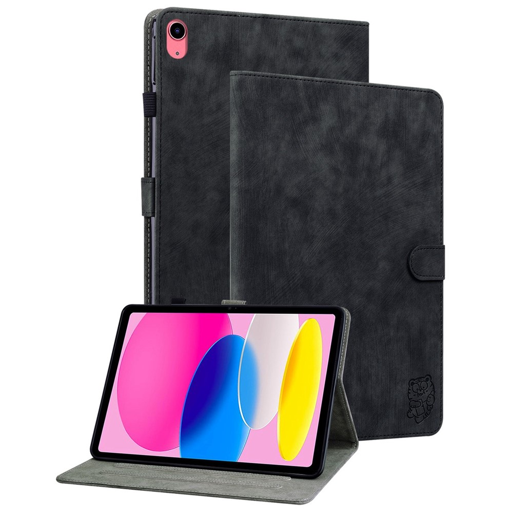 For iPad 10.9 (2022) / iPad 10th Gen PU Leather Shockproof Adjustable Stand Case Imprinted Cute Tiger Pattern Auto Sleep / Wake Flip Tablet Cover with Card Holder - Black-1