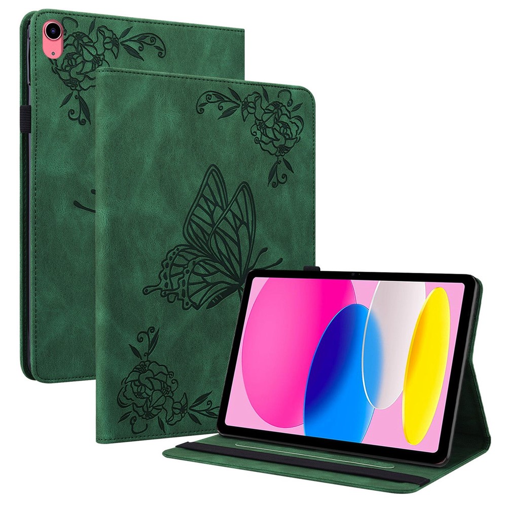 For iPad 10.9 (2022) / iPad 10th Gen Butterfly Flower Imprinted Flip Protection Cover PU Leather Card Holder Stand Smart Tablet Case with Pencil Holder - Green-1