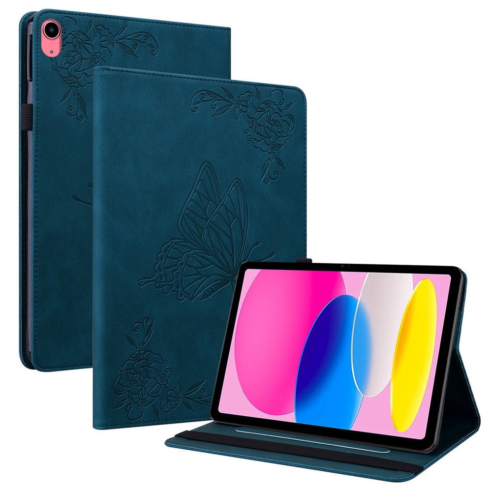 For iPad (2025) / 10.9 (2022) Butterfly Flower Imprinted PU Leather Card Holder Stand Smart Tablet Case with Pencil Holder - Blue