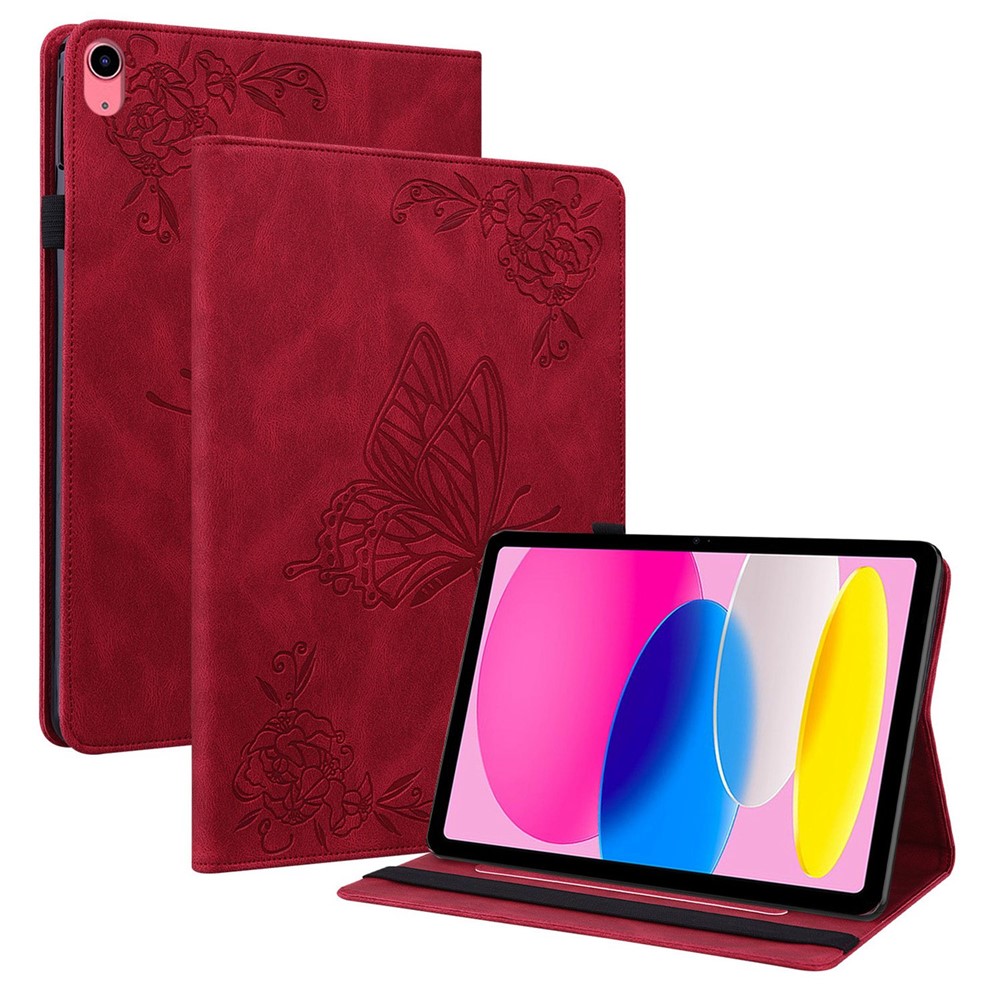 For iPad (2025) / 10.9 (2022) Butterfly Flower Imprinted PU Leather Card Holder Stand Smart Tablet Case with Pencil Holder - Red