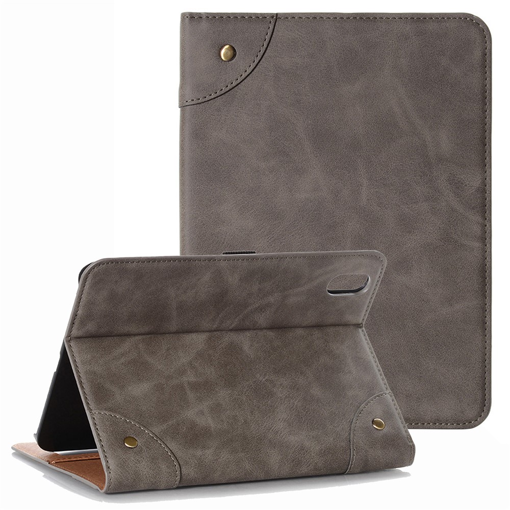 For iPad (2025) / 10.9 (2022) Retro Book Folio Flip Style Tablet Case PU Leather + PC Stand Wallet Protective Cover - Grey