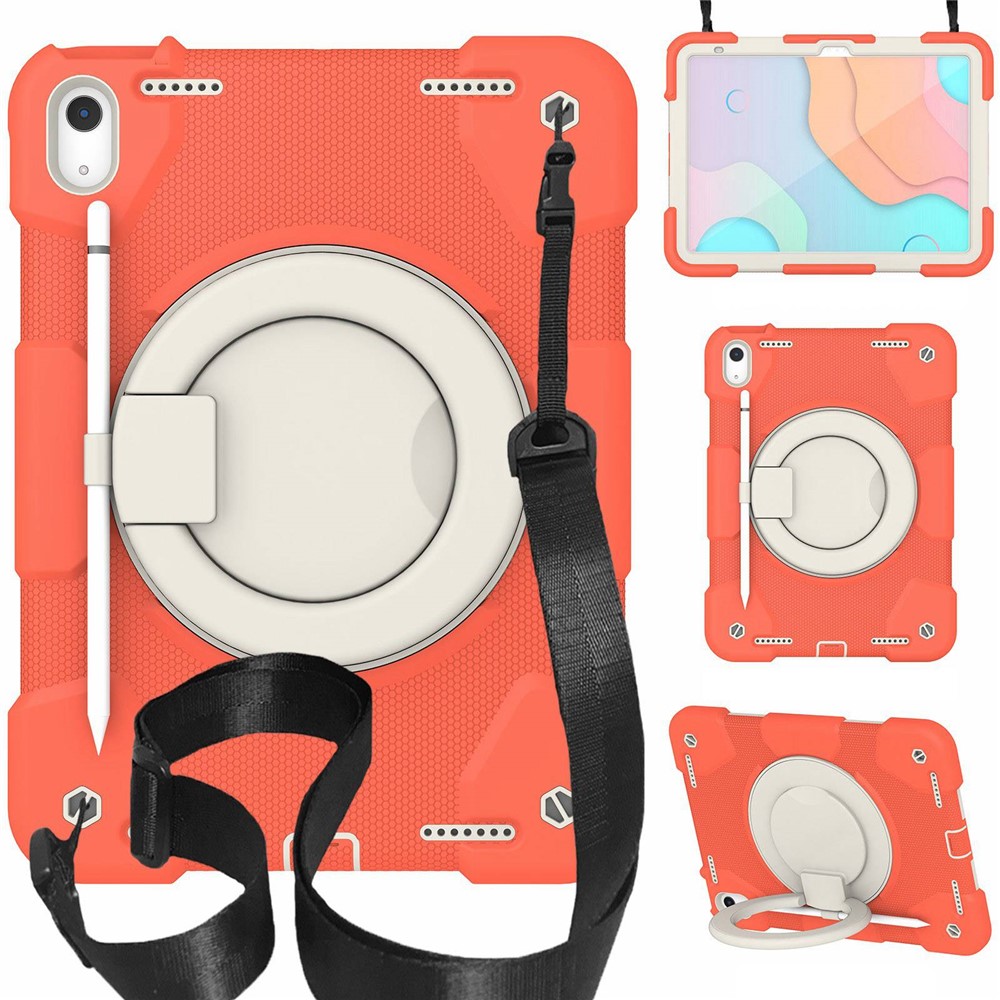 PC + Silicone Protective Case for iPad (2025) / 10.9 (2022) Grip Ring Kickstand Design Tablet Drop-Proof Cover with Shoulder Strap - Coral Orange
