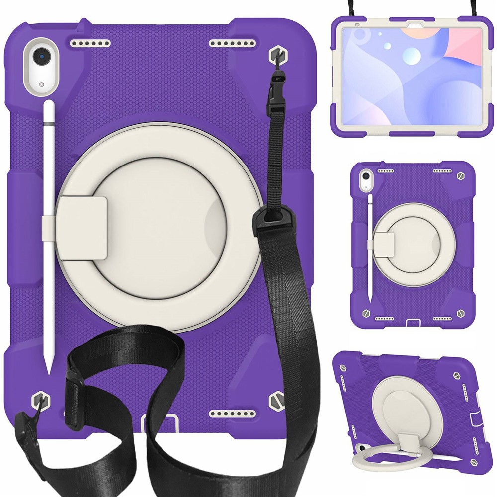 PC + Silicone Protective Case for iPad (2025) / 10.9 (2022) Grip Ring Kickstand Design Tablet Drop-Proof Cover with Shoulder Strap - Dark Purple