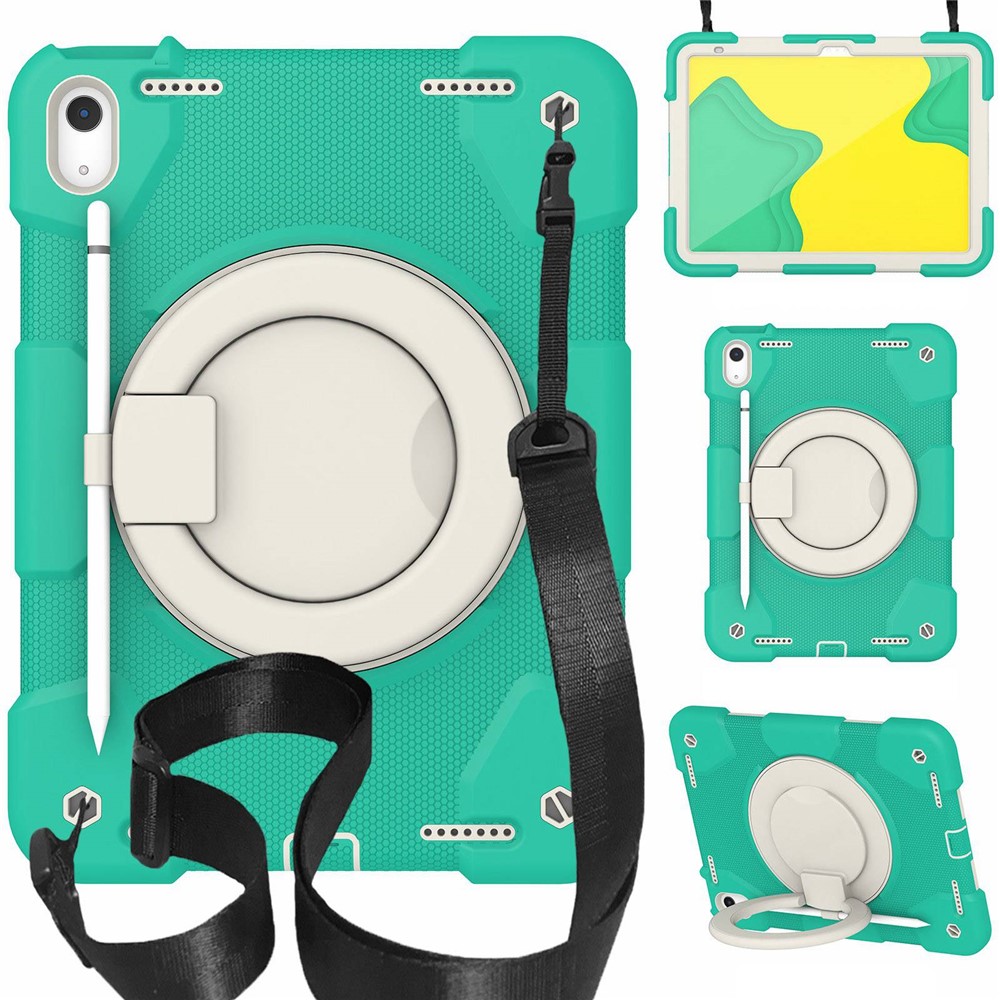 PC + Silicone Protective Case for iPad (2025) / 10.9 (2022) Grip Ring Kickstand Design Tablet Drop-Proof Cover with Shoulder Strap - Mint Green