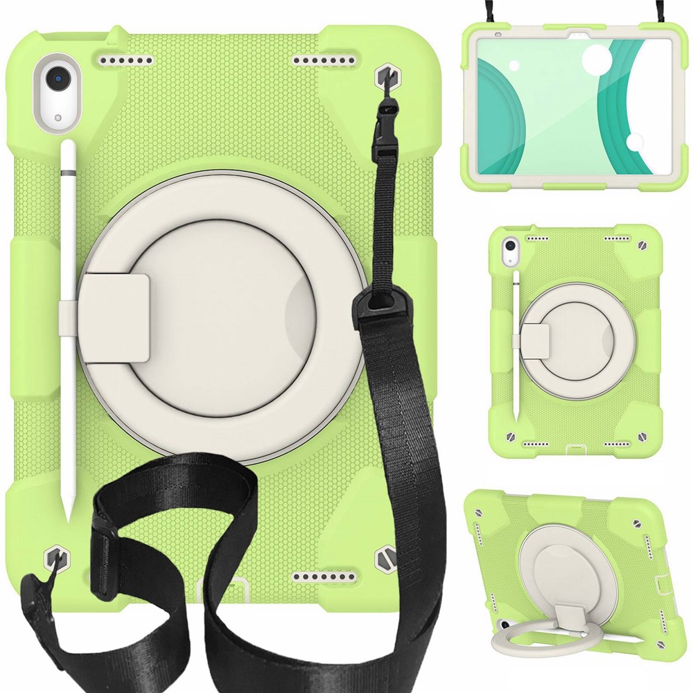 PC + Silicone Protective Case for iPad (2025) / 10.9 (2022) Grip Ring Kickstand Design Tablet Drop-Proof Cover with Shoulder Strap - Matcha Green