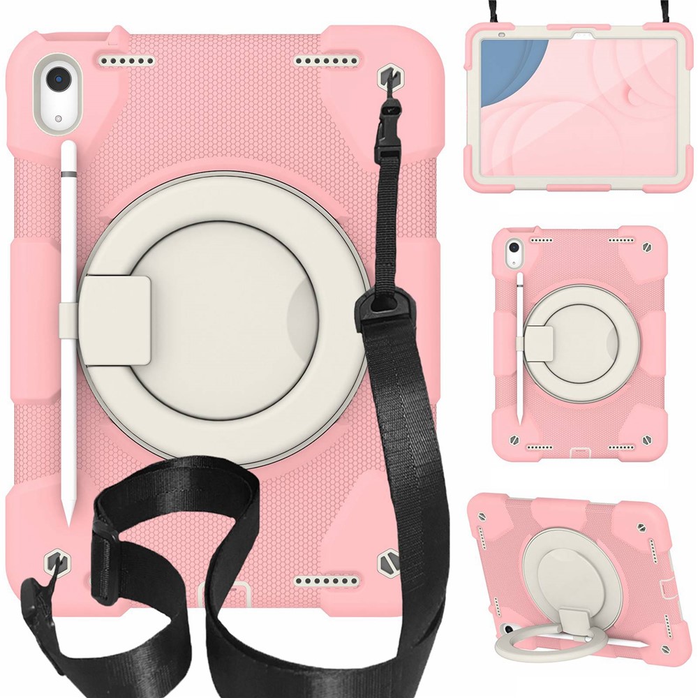 PC + Silicone Protective Case for iPad (2025) / 10.9 (2022) Grip Ring Kickstand Design Tablet Drop-Proof Cover with Shoulder Strap - Sakura Pink