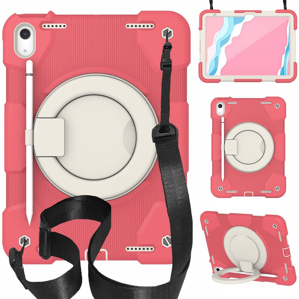 PC + Silicone Protective Case for iPad (2025) / 10.9 (2022) Grip Ring Kickstand Design Tablet Drop-Proof Cover with Shoulder Strap - Begonia Red
