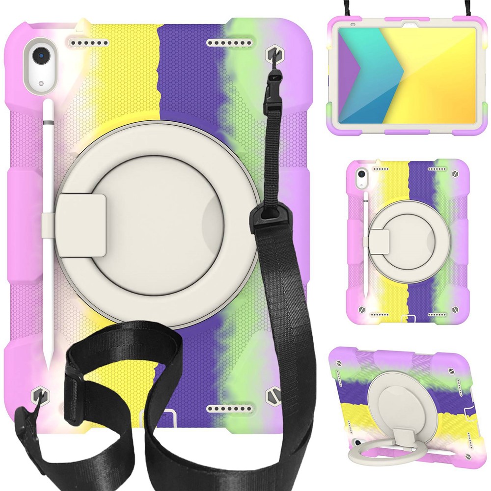 For iPad (2025) / 10.9 (2022) Colorful Tablet Protective Case Rotatable Kickstand Cover with Shoulder Strap - Colorful Purple