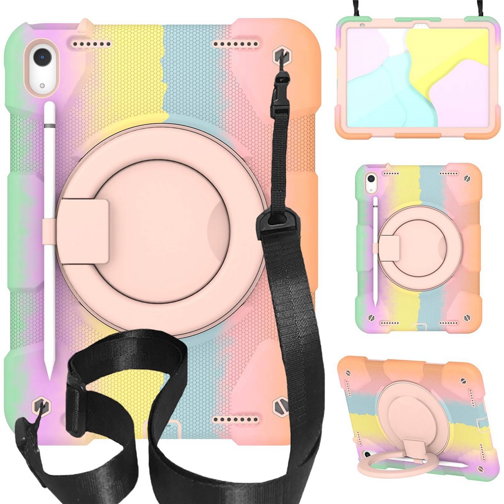 For iPad (2025) / 10.9 (2022) Colorful Tablet Protective Case Rotatable Kickstand Cover with Shoulder Strap - Colorful Rose Gold