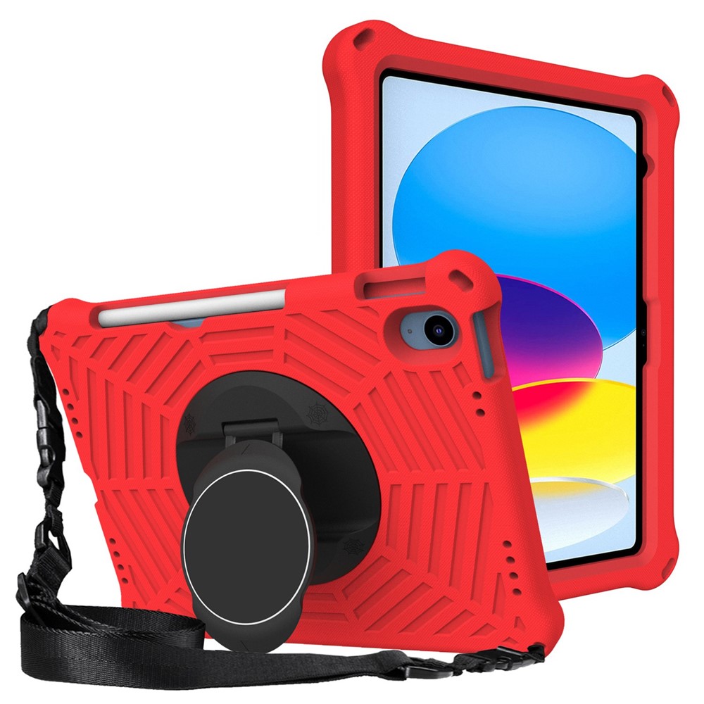 For iPad (2025) / 10.9 (2022) Spider Web Texture Shockproof EVA Case 360 Degree Rotation Kickstand Cover with Shoulder Strap - Red