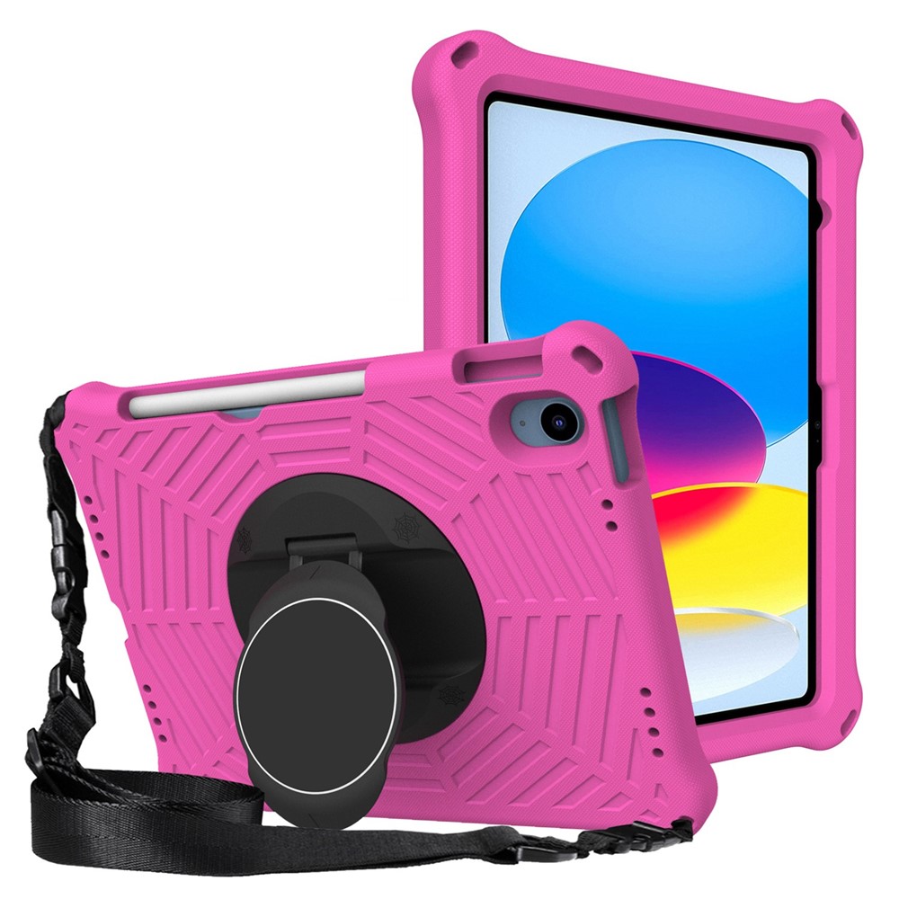 For iPad (2025) / 10.9 (2022) Spider Web Texture Shockproof EVA Case 360 Degree Rotation Kickstand Cover with Shoulder Strap - Rose