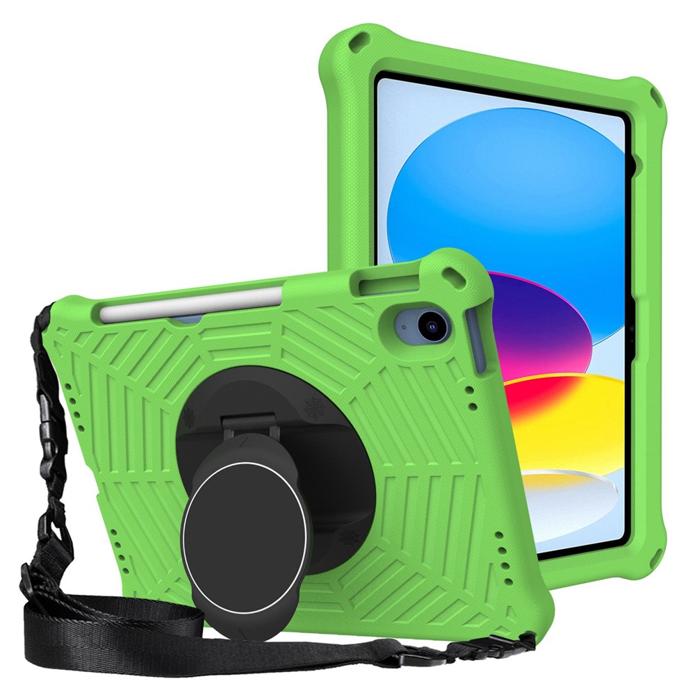 For iPad (2025) / 10.9 (2022) Spider Web Texture Shockproof EVA Case 360 Degree Rotation Kickstand Cover with Shoulder Strap - Green