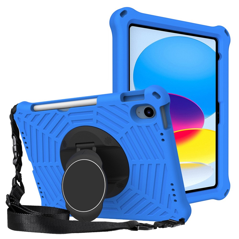 For iPad (2025) / 10.9 (2022) Spider Web Texture Shockproof EVA Case 360 Degree Rotation Kickstand Cover with Shoulder Strap - Blue
