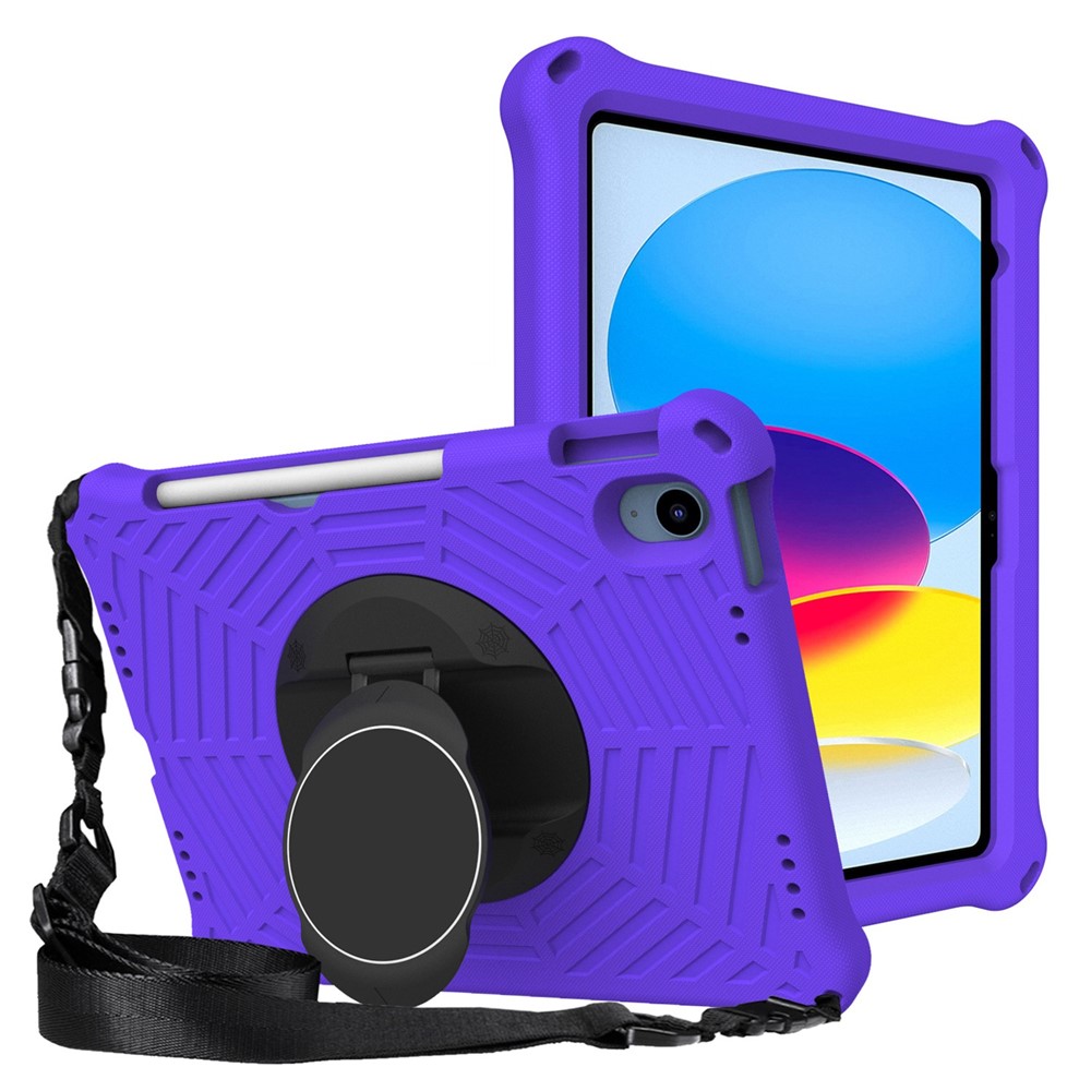 For iPad (2025) / 10.9 (2022) Spider Web Texture Shockproof EVA Case 360 Degree Rotation Kickstand Cover with Shoulder Strap - Purple