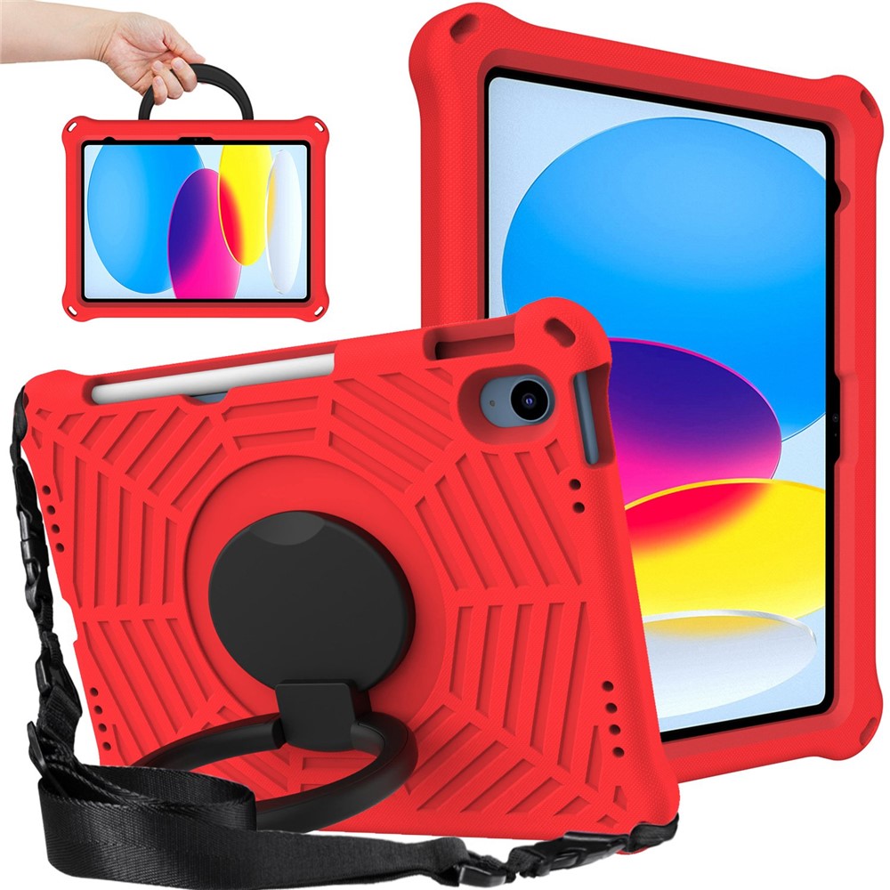 For iPad (2025) / 10.9 (2022) Spider Web Texture Hand Grip Kickstand Cover Drop-Proof Protective Tablet Case with Shoulder Strap - Red