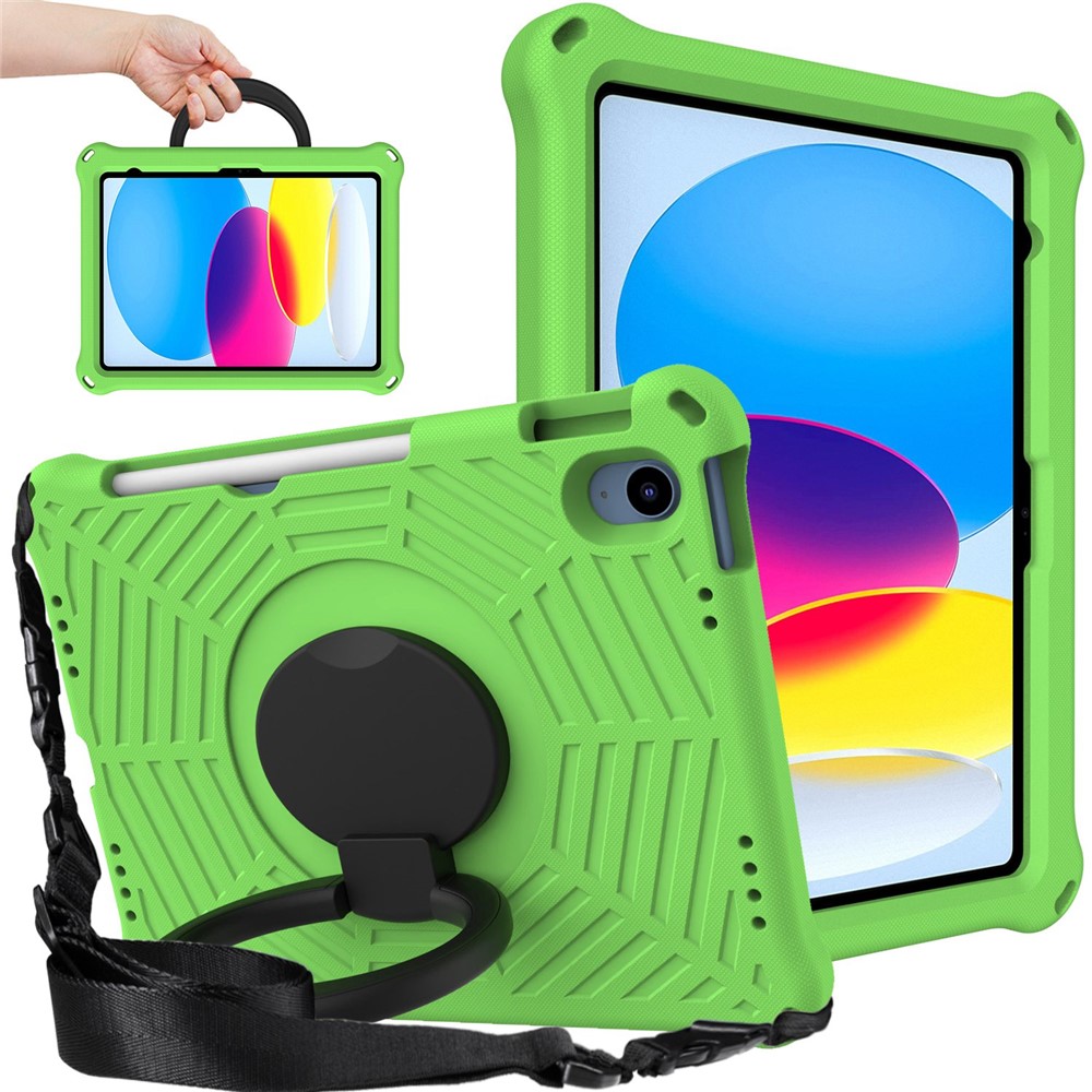 For iPad (2025) / 10.9 (2022) Spider Web Texture Hand Grip Kickstand Cover Drop-Proof Protective Tablet Case with Shoulder Strap - Green