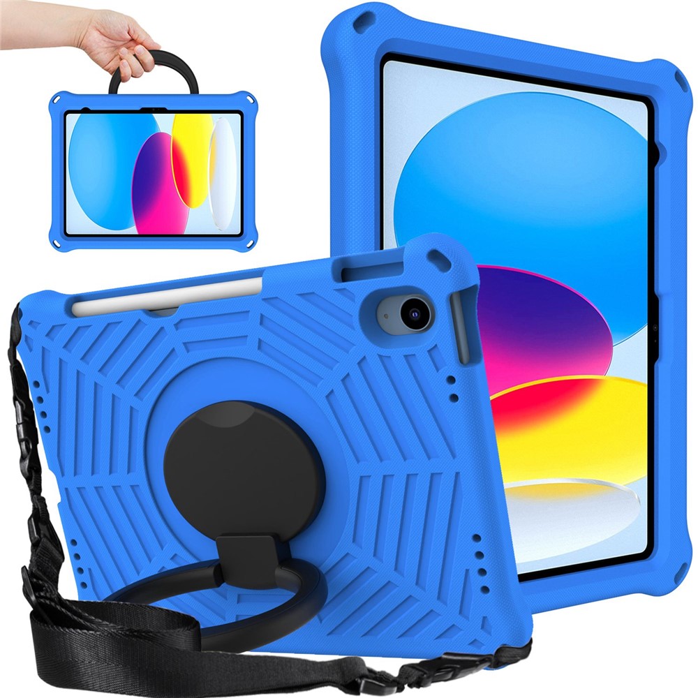 For iPad (2025) / 10.9 (2022) Spider Web Texture Hand Grip Kickstand Cover Drop-Proof Protective Tablet Case with Shoulder Strap - Blue