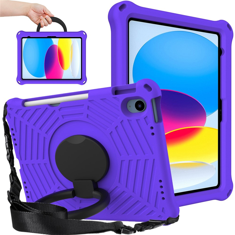 For iPad (2025) / 10.9 (2022) Spider Web Texture Hand Grip Kickstand Cover Drop-Proof Protective Tablet Case with Shoulder Strap - Purple