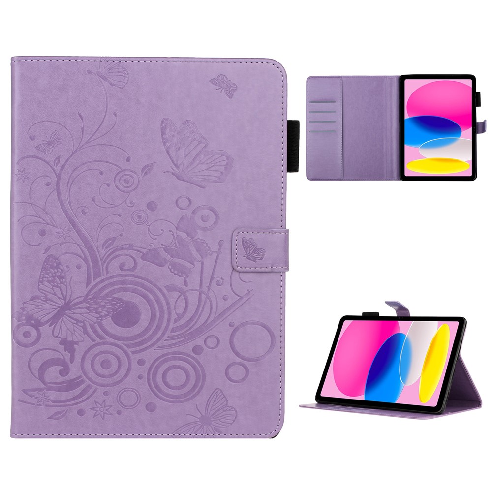 For iPad (2025) / 10.9 (2022) PU Leather Tablet Case Imprinted Butterfly Flower Pattern Stand Wallet Cover - Purple