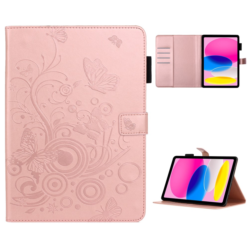 For iPad (2025) / 10.9 (2022) PU Leather Tablet Case Imprinted Butterfly Flower Pattern Stand Wallet Cover - Rose Gold