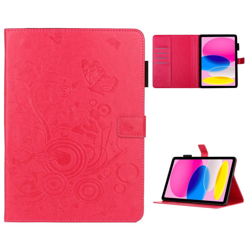 For iPad (2025) / 10.9 (2022) PU Leather Tablet Case Imprinted Butterfly Flower Pattern Stand Wallet Cover - Red