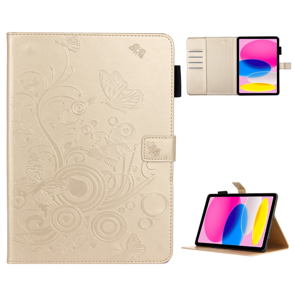 For iPad (2025) / 10.9 (2022) PU Leather Tablet Case Imprinted Butterfly Flower Pattern Stand Wallet Cover - Gold