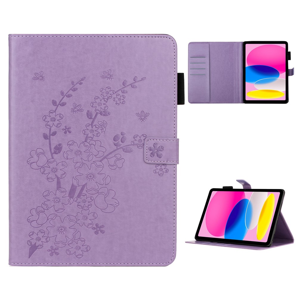For iPad (2025) / 10.9 (2022) PU Leather Tablet Case Imprinted Plum Blossom Pattern Stand Wallet - Purple