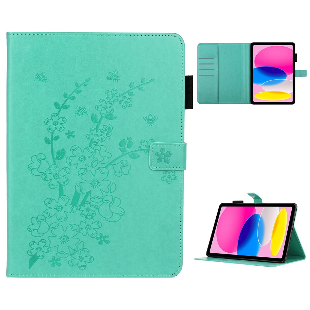 For iPad (2025) / 10.9 (2022) PU Leather Tablet Case Imprinted Plum Blossom Pattern Stand Wallet - Green