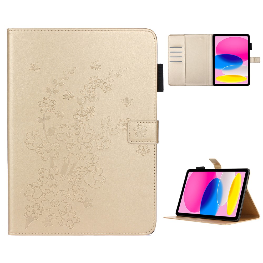 For iPad (2025) / 10.9 (2022) PU Leather Tablet Case Imprinted Plum Blossom Pattern Stand Wallet - Gold