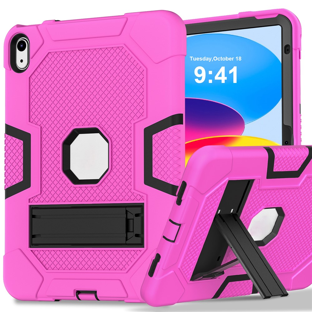 Robot B3 Series for iPad (2025) / 10.9 (2022) Contrast Color PC + Silicone Tablet  Case Drop-Proof Kickstand Protective Cover - Rose Red / Black