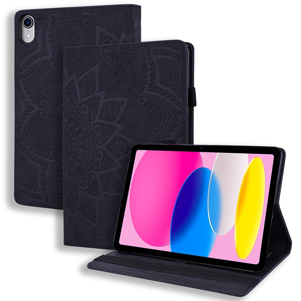 For iPad (2025) / 10.9 (2022) PU Leather Case Stand Imprinted Flower Pattern Tablet Cover with Card Slot - Black