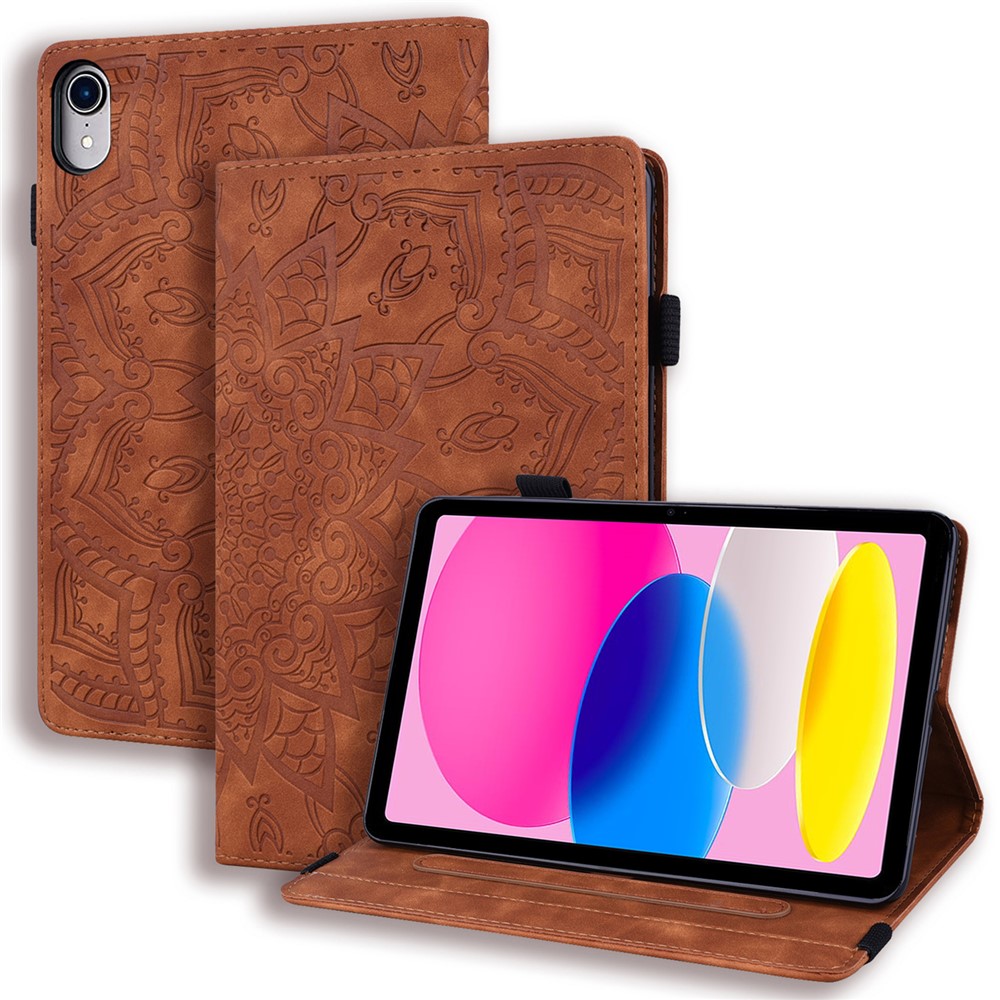 For iPad (2025) / 10.9 (2022) PU Leather Case Stand Imprinted Flower Pattern Tablet Cover with Card Slot - Brown