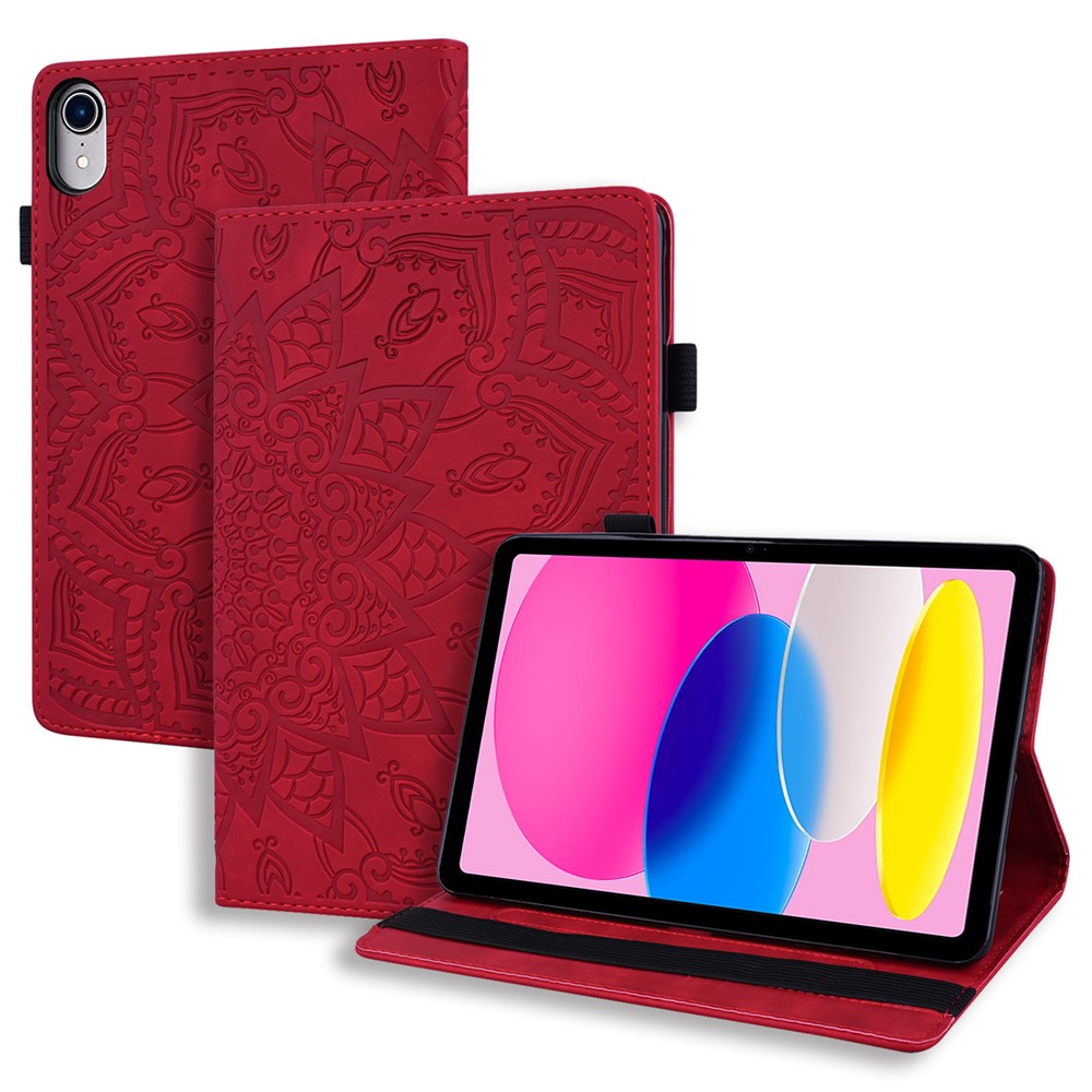 For iPad (2025) / 10.9 (2022) Imprinted Flower Pattern PU Leather Case Stand Card Slot Elastic Band Protective Tablet Cover with Pen Loop Holder - Red