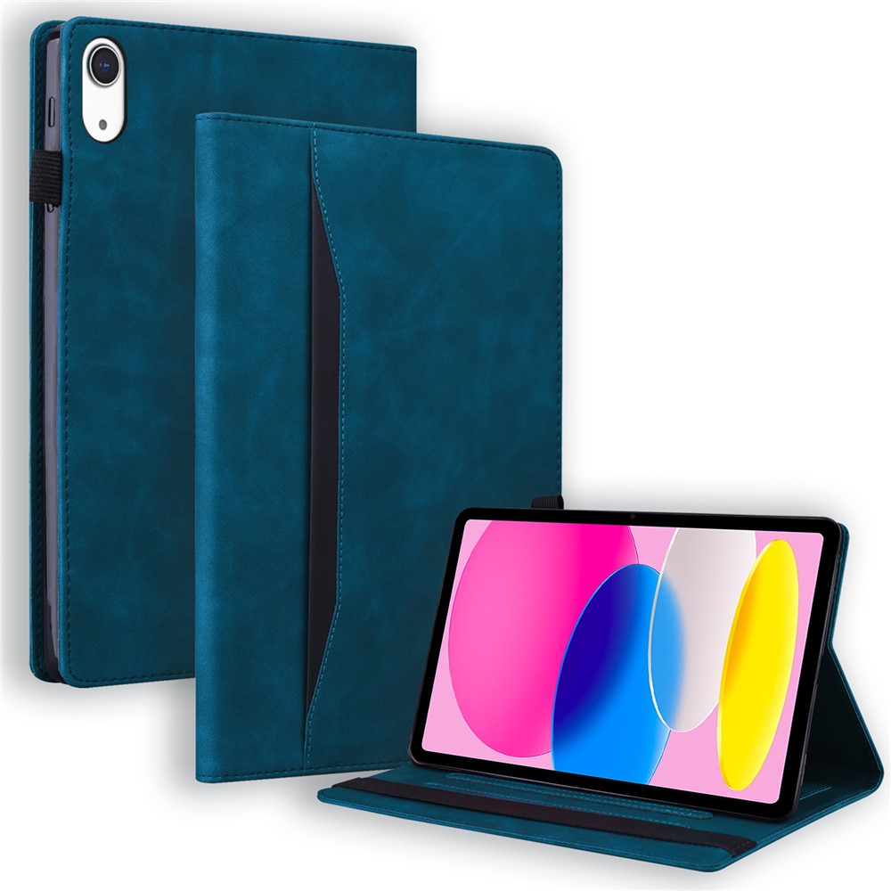 For iPad (2025) / 10.9 (2022) Business Folio Stand Case PU Leather Wallet Auto Wake / Sleep Tablet Cover with Elastic Band and Pencil Holder - Blue