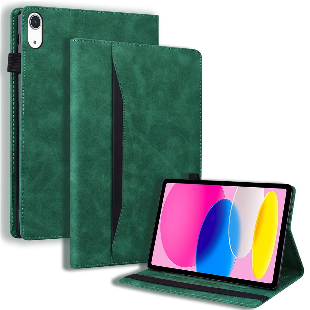 For iPad (2025) / 10.9 (2022) Business Folio Stand Case PU Leather Wallet Auto Wake / Sleep Tablet Cover with Elastic Band and Pencil Holder - Green
