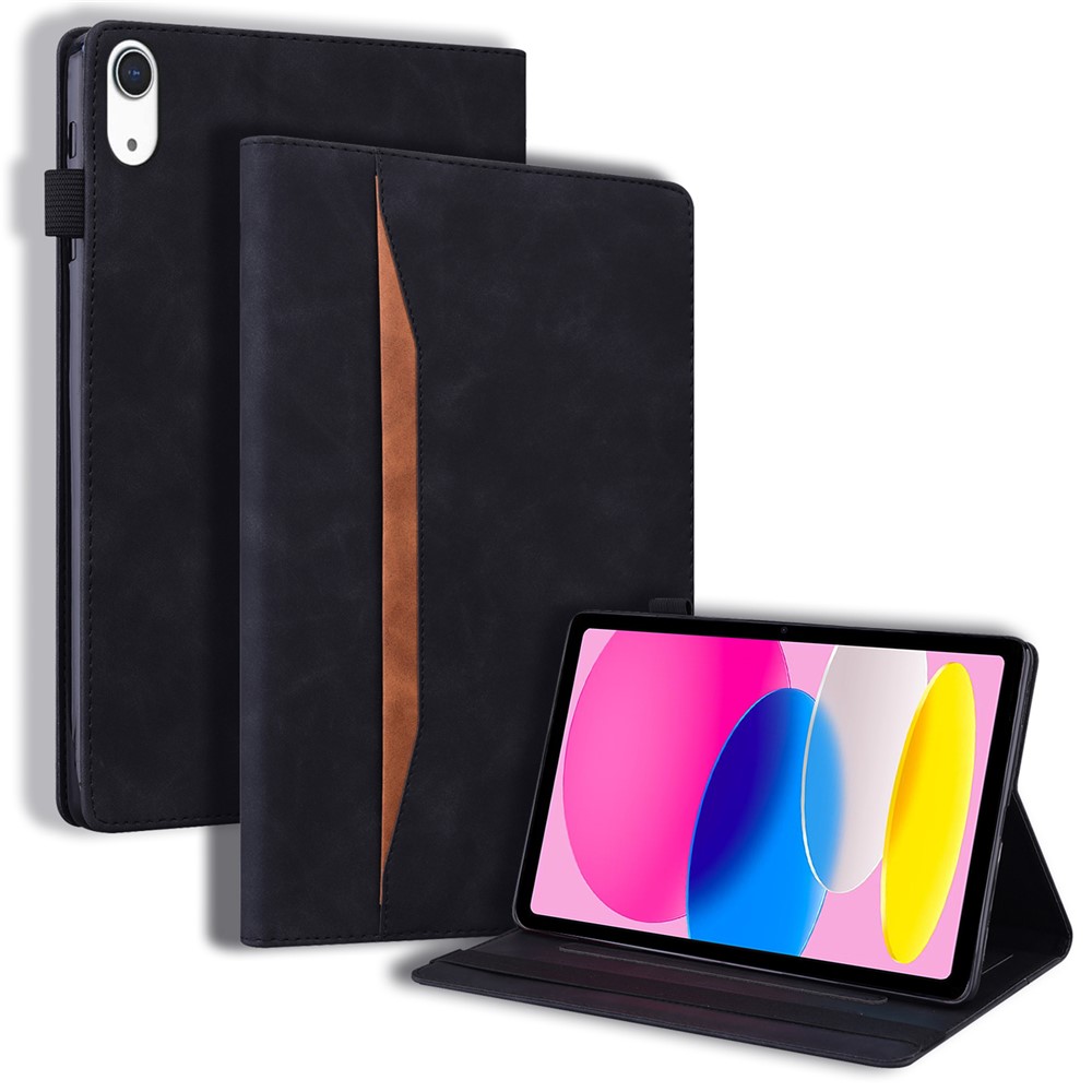 For iPad (2025) / 10.9 (2022) Business Folio Stand Case PU Leather Wallet Auto Wake / Sleep Tablet Cover with Elastic Band and Pencil Holder - Black