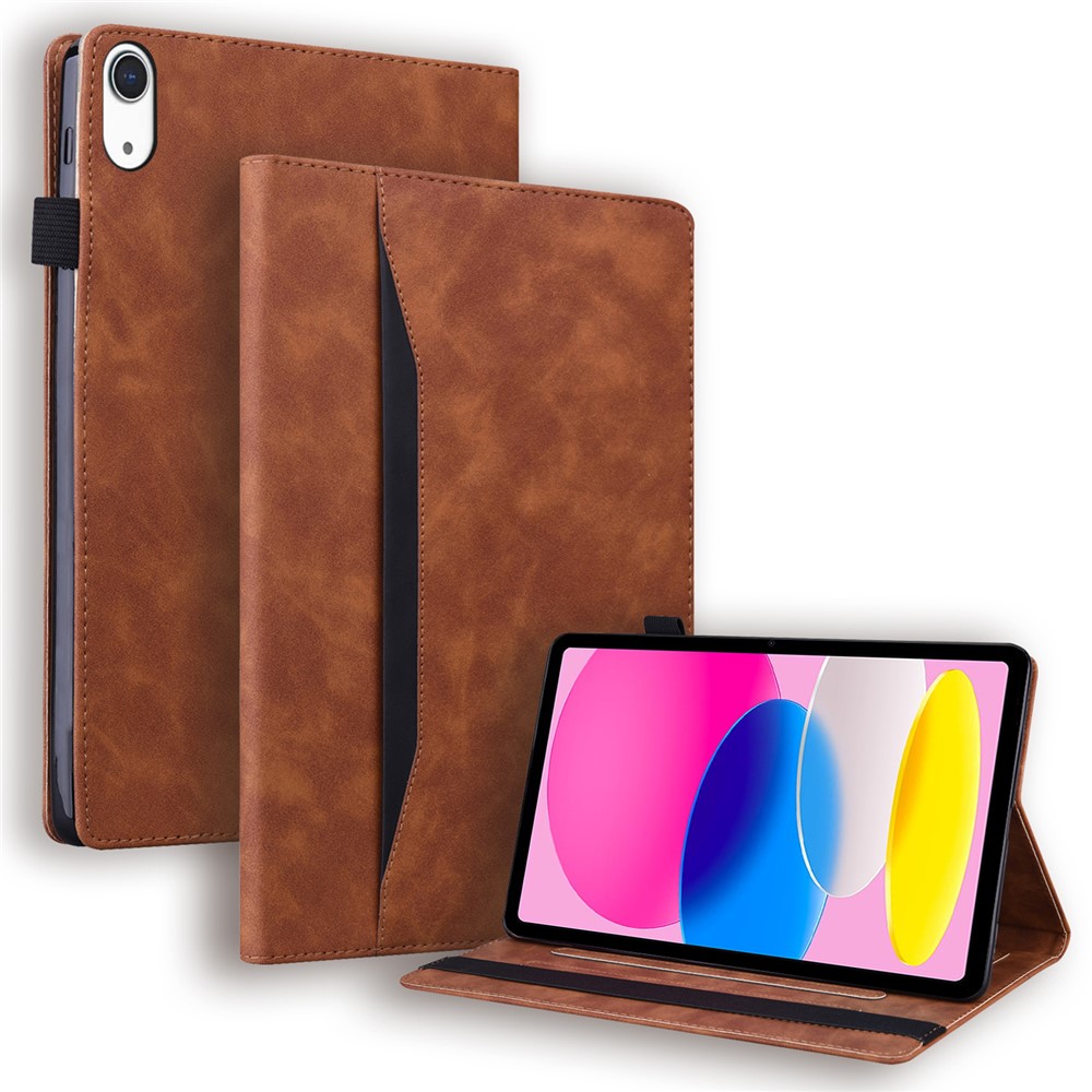 For iPad (2025) / 10.9 (2022) Business Folio Stand Case PU Leather Wallet Auto Wake / Sleep Tablet Cover with Elastic Band and Pencil Holder - Brown
