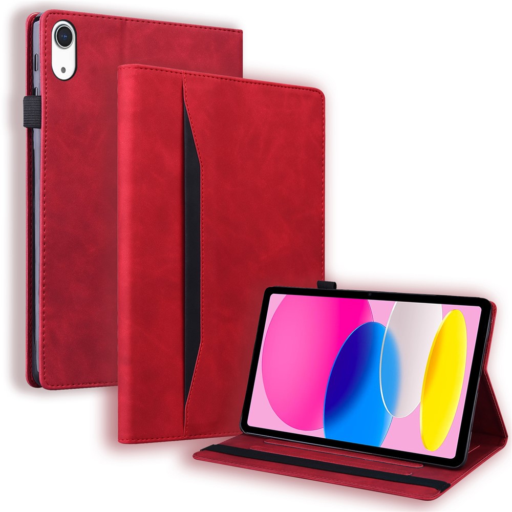 For iPad (2025) / 10.9 (2022) Business Folio Stand Case PU Leather Wallet Auto Wake / Sleep Tablet Cover with Elastic Band and Pencil Holder - Red