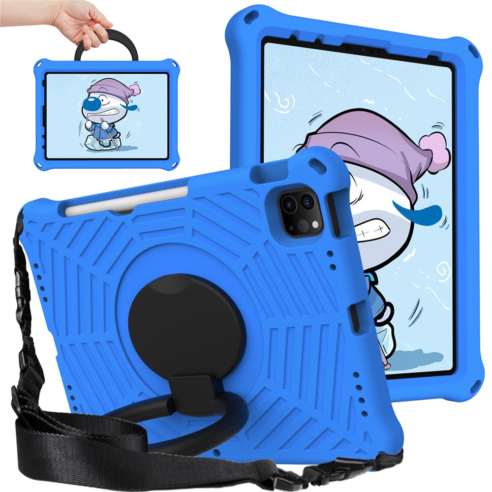 For iPad Pro 11-inch (2018) / (2020) / (2021) / (2022) / Air (2020) / (2022) Shockproof Case Spider Web Texture Kickstand Hand Grip Tablet Cover with Shoulder Strap - Blue
