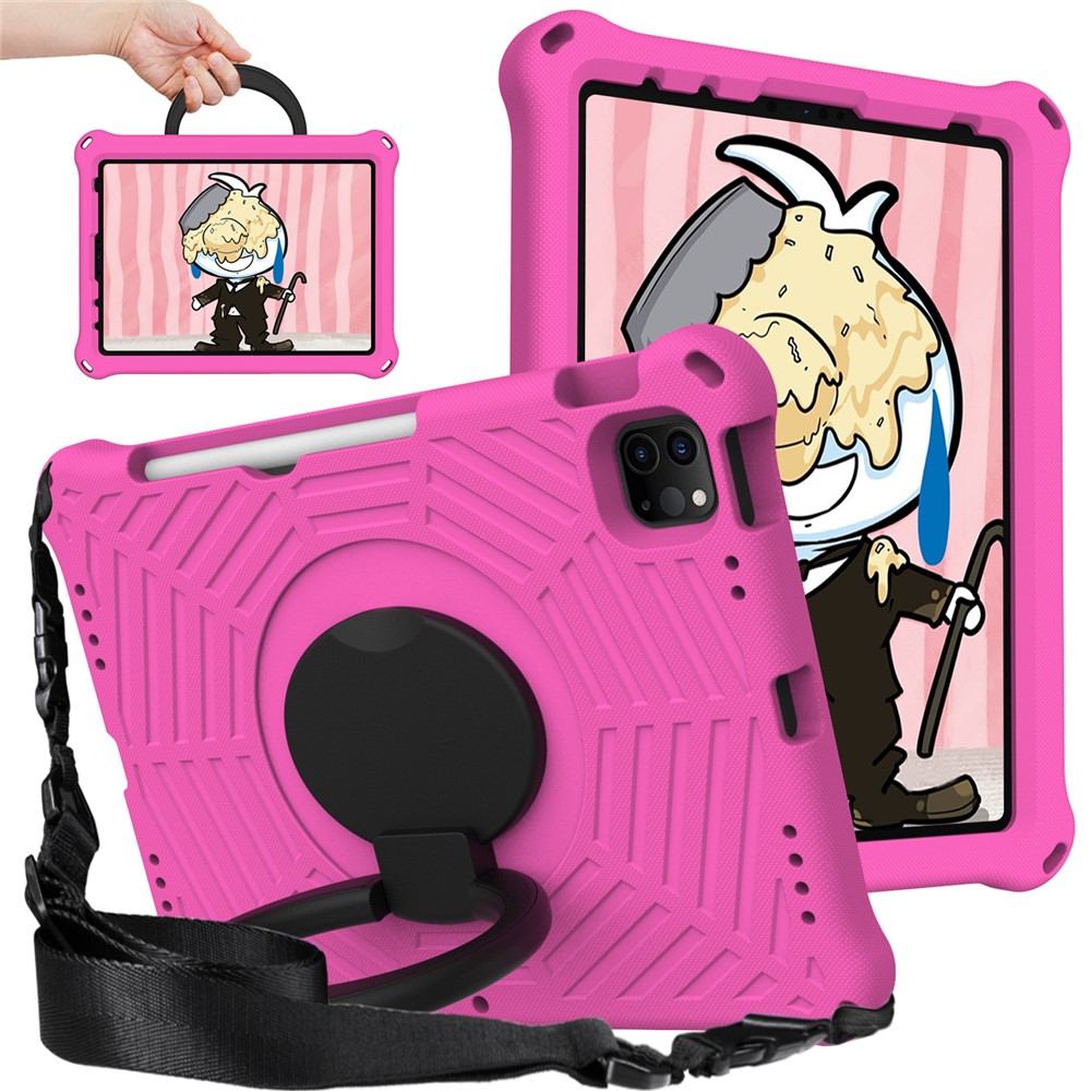 For iPad Pro 11-inch (2018) / (2020) / (2021) / (2022) / Air (2020) / (2022) Shockproof Case Spider Web Texture Kickstand Hand Grip Tablet Cover with Shoulder Strap - Rose