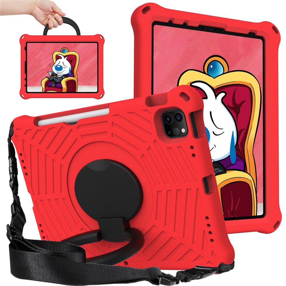 For iPad Pro 11-inch (2018) / (2020) / (2021) / (2022) / Air (2020) / (2022) Shockproof Case Spider Web Texture Kickstand Hand Grip Tablet Cover with Shoulder Strap - Red